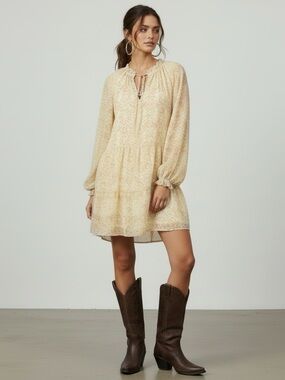 $138 Show Me Your Mumu Birdie Snake Print Tunic Sheer Mini Dress Tie Neck Boho S